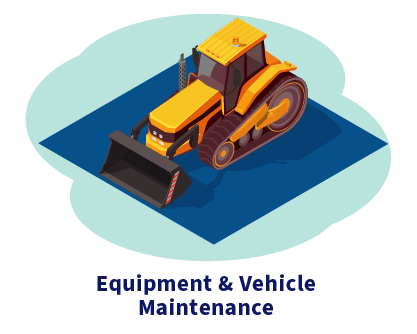 Illustration of a construction vehicle on top a tarp. Caption: Equipment Vehicle Maintenance
