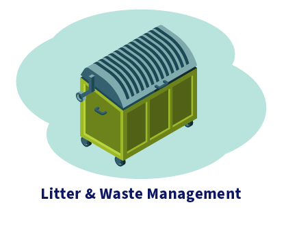 Illustration of a litter container with a closed and locked lid. Caption: Litter Waste Management