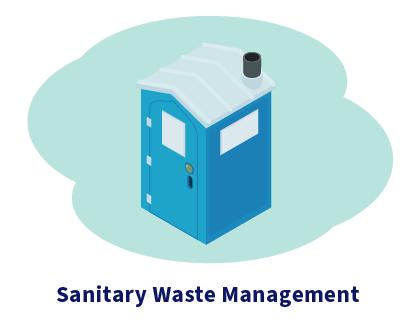 Illustration of a port-a-potty. Caption: Sanitary Waste Management