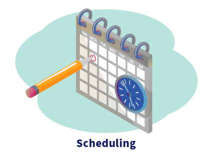 Illustration of calendar. Caption: Scheduling